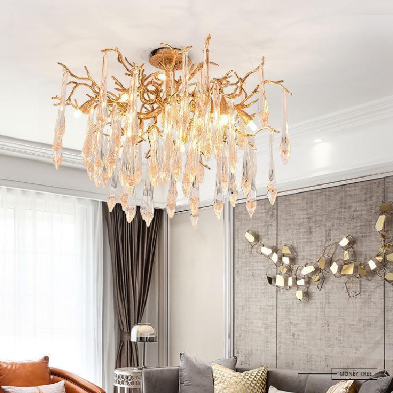 Agnes Brass Branch Crystal Ceiling Light,Chandelier Drive Thru Tree