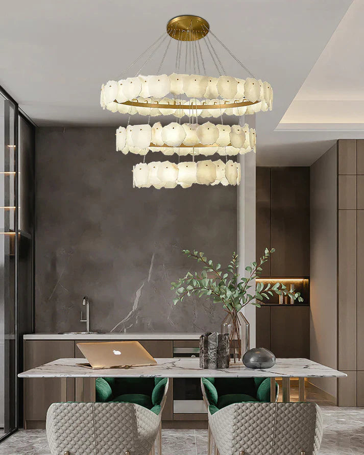 Irregular Alabaster Multi-Layered Round Chandelier