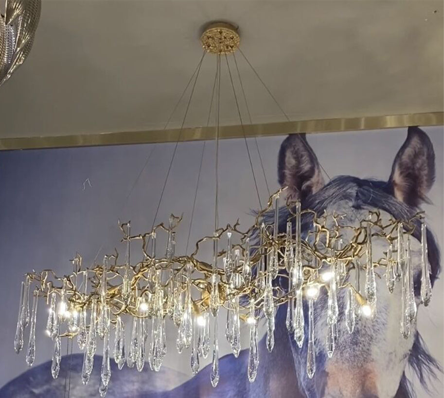 New Clear Crystal Rain Copper Branch Chandelier Modern Designer Pendant Light For Dining Table/Kitchen Island