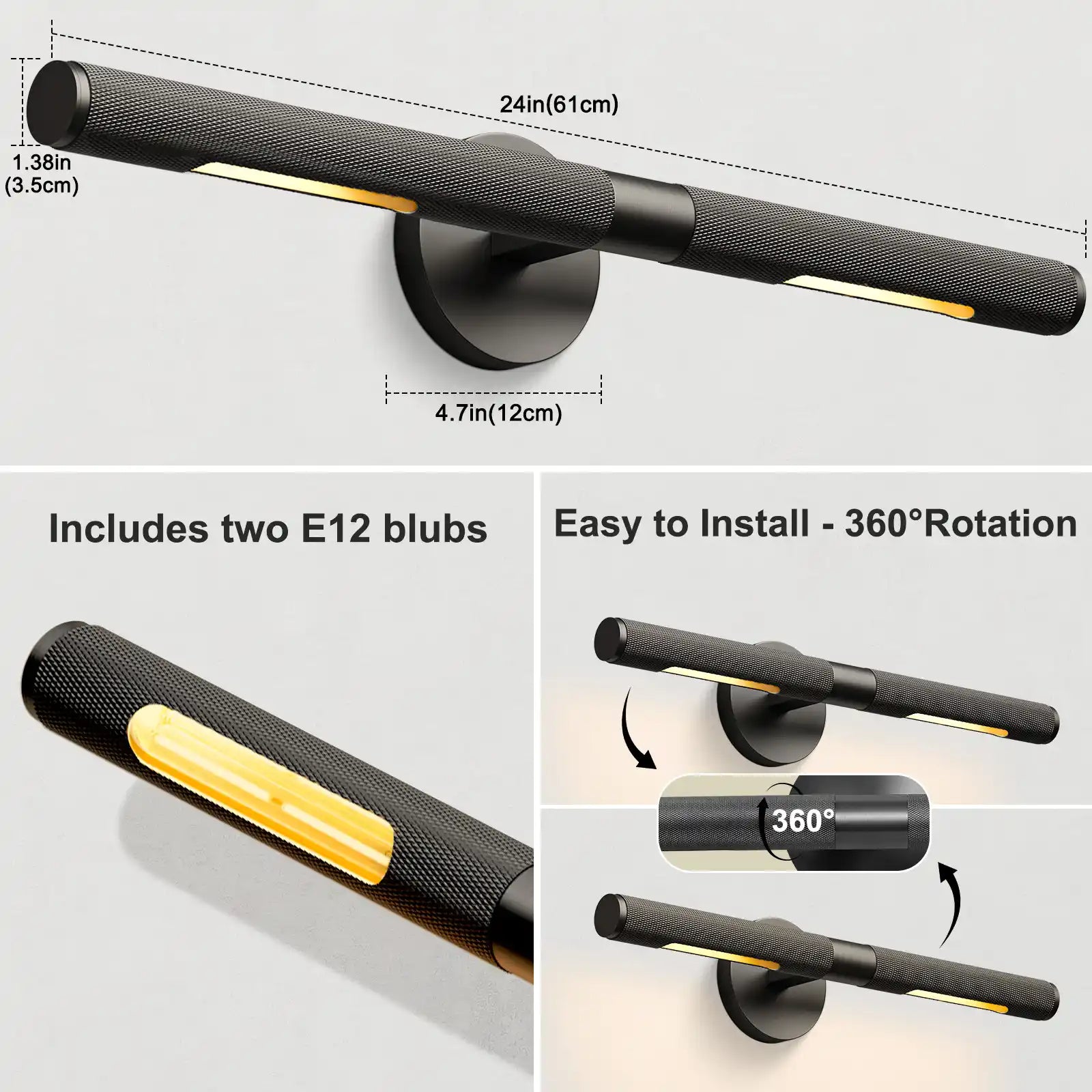 Black Copper Bathroom Wall Sconce Light with 360° Rotatable Shade