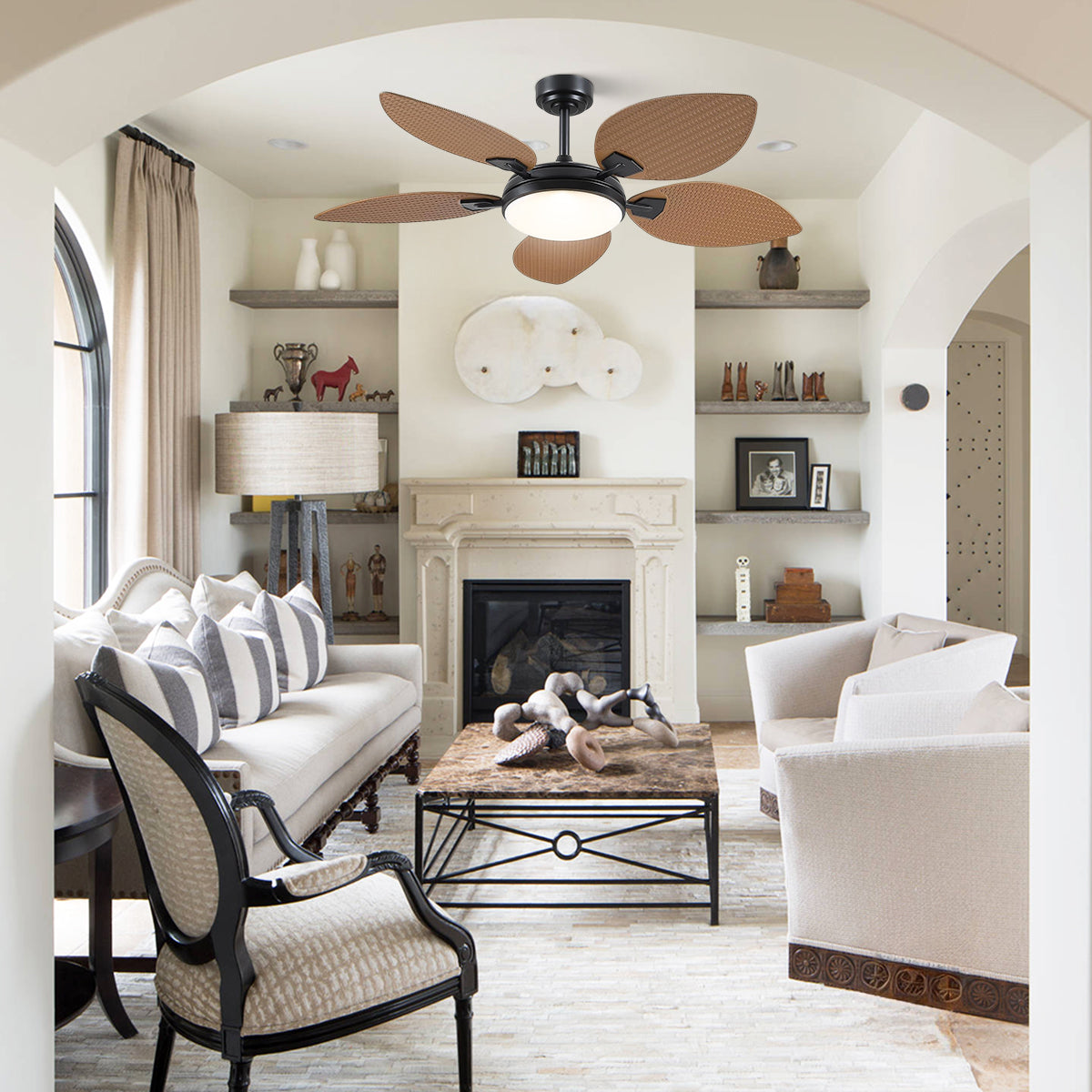Ceiling Fans with Lights Palm Leaf Ceiling Fan for Patios Porch 6 Speeds, Reversible 52"