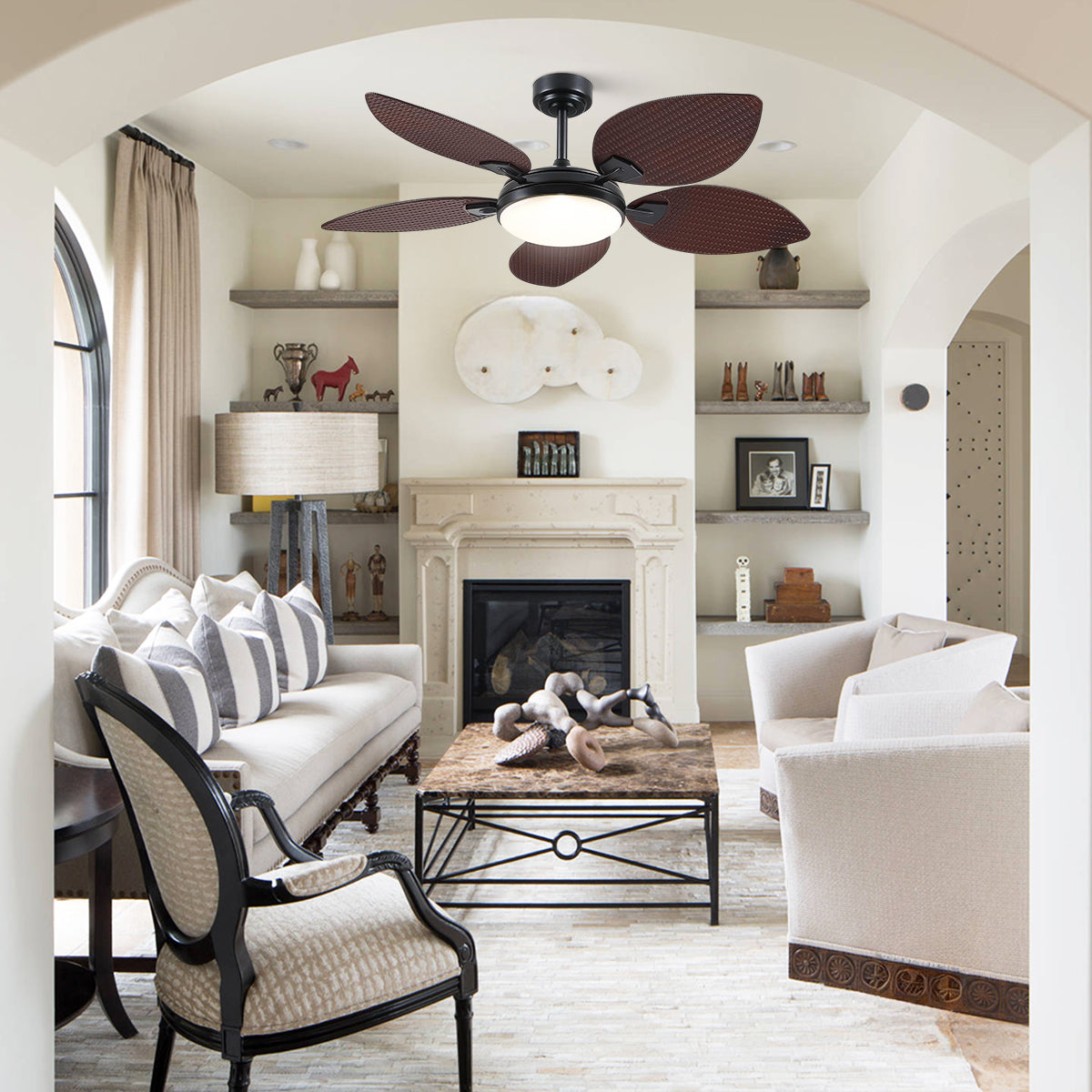 Ceiling Fans with Lights Palm Leaf Ceiling Fan for Patios Porch 6 Speeds, Reversible 52"