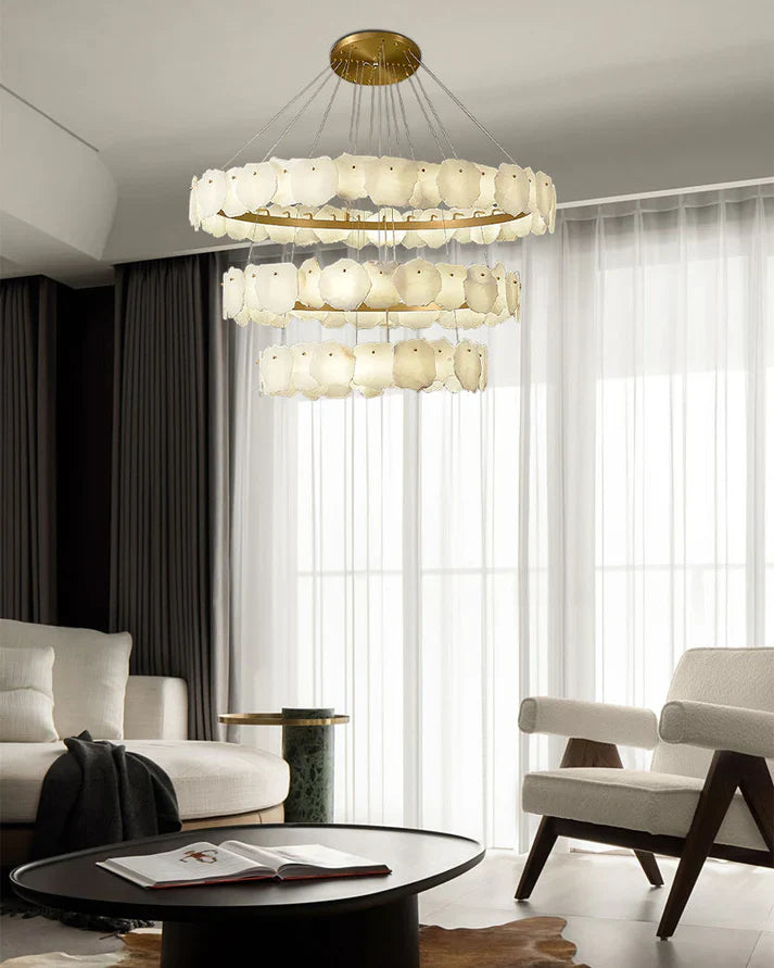 Irregular Alabaster Multi-Layered Round Chandelier