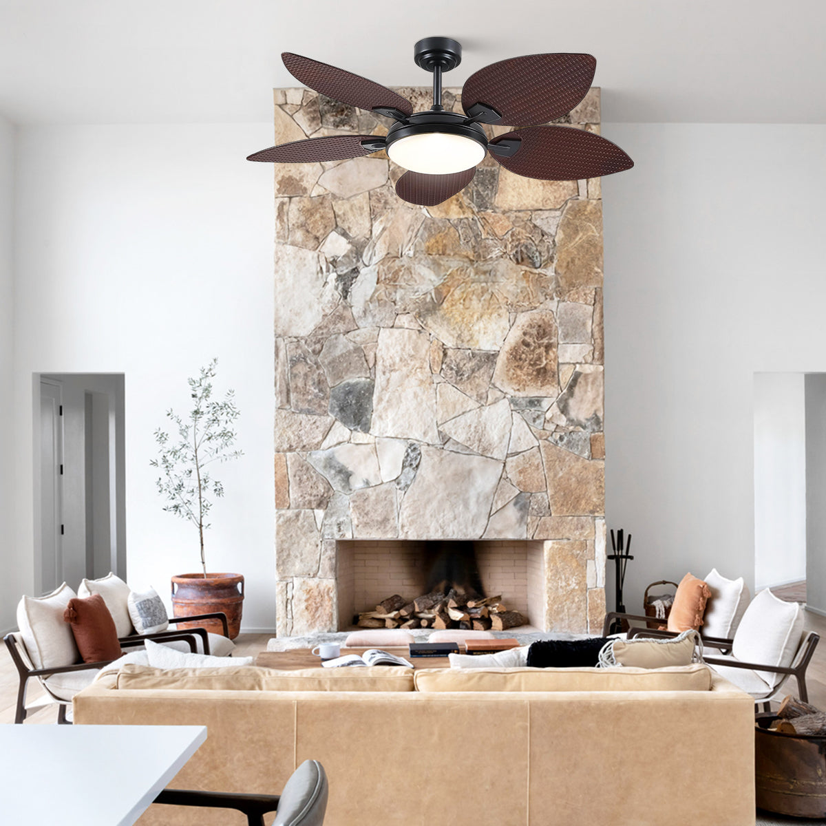 Ceiling Fans with Lights Palm Leaf Ceiling Fan for Patios Porch 6 Speeds, Reversible 52"