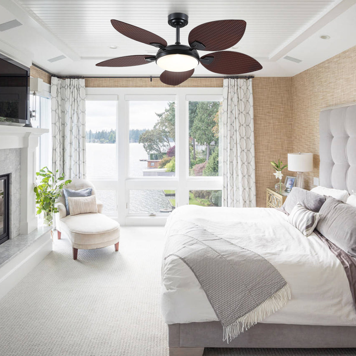 Ceiling Fans with Lights Palm Leaf Ceiling Fan for Patios Porch 6 Speeds, Reversible 52"