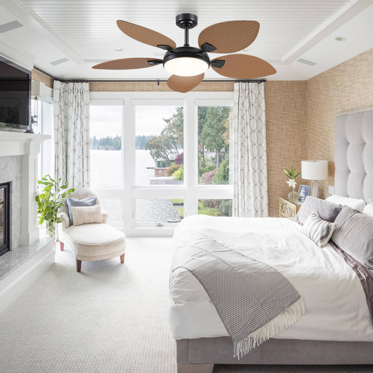 Ceiling Fans with Lights Palm Leaf Ceiling Fan for Patios Porch 6 Speeds, Reversible 52"