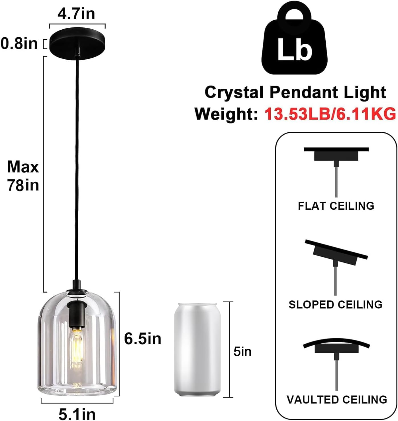 Black Crystal Modern Pendant Light with Adjustable 78‑Inch Height