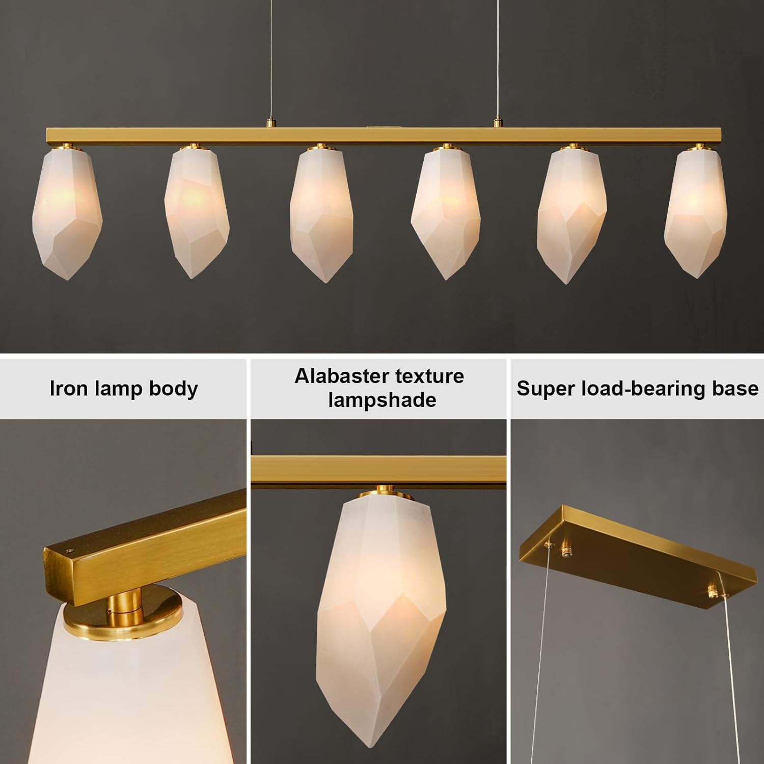 Elegant Gold Alabaster 6-Light Linear Chandelier for Dining