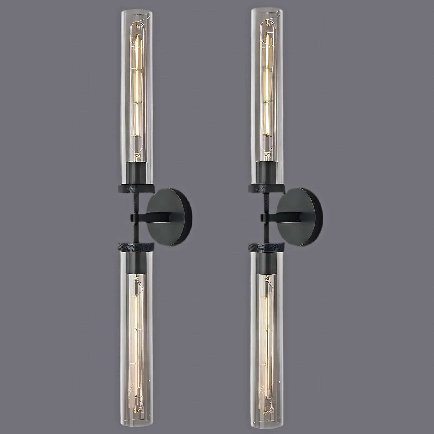 RINGRAIN Black Brass Glass Double Wall Sconce Set 30" Knurled