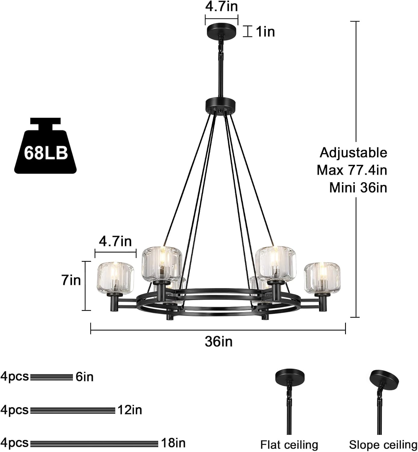 Black Round 36" K9 Crystal Chandelier with Adjustable Height
