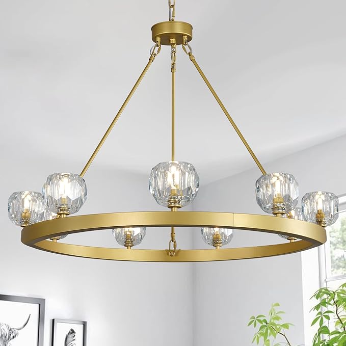 Gold Wagon Wheel Chandelier – 36" 9-Light Crystal Fixture for Modern Homes