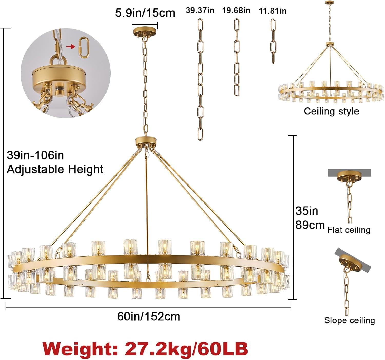 Gold Wagon Wheel Chandelier 60" Crystal Shade, 60 Lights, Farmhouse