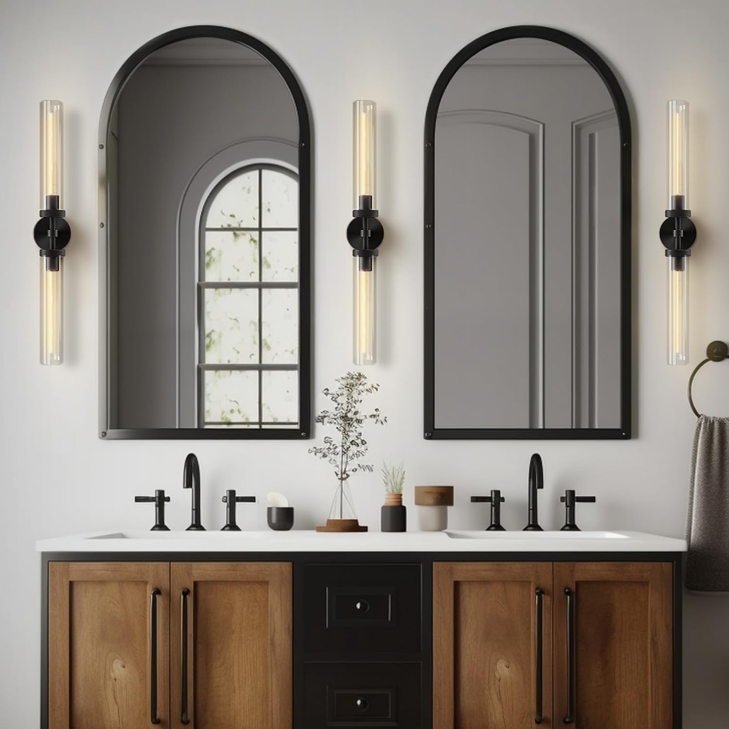 RINGRAIN Black Brass Glass Double Wall Sconce Set 30" Knurled