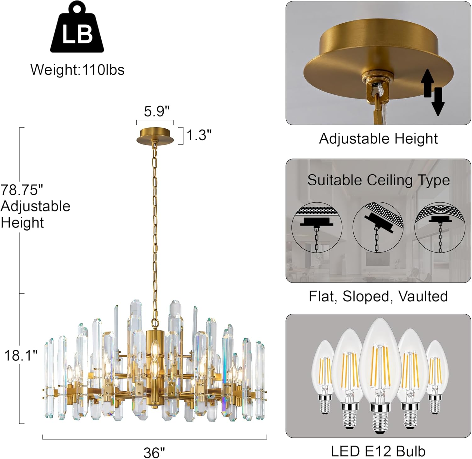 36" Luxury Gold Crystal 16-Light Round Adjustable Chandelier