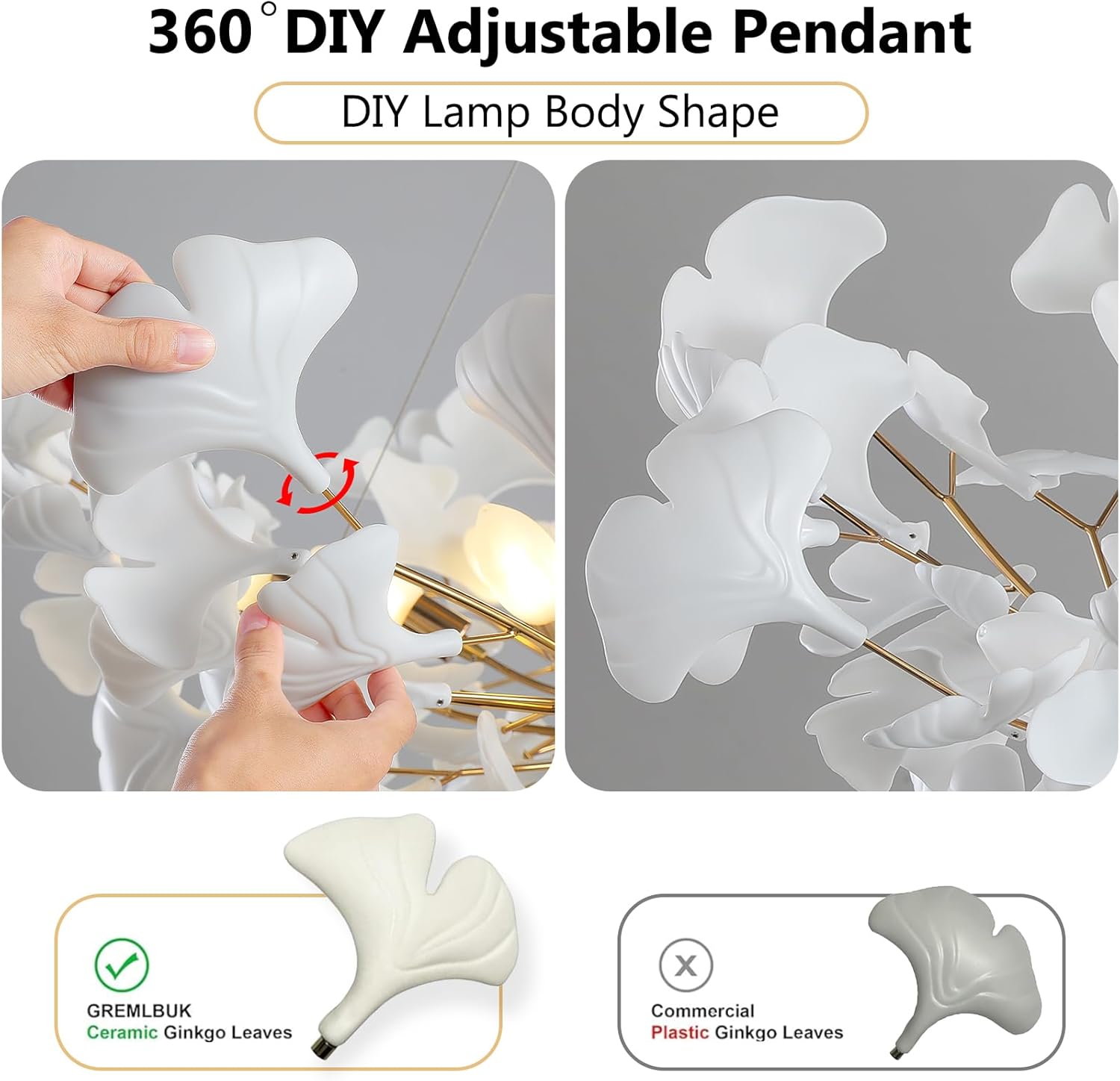 Gold Ceramic Ginkgo Leaf Tree Branch Chandelier – 40" Round Luxury Fixture