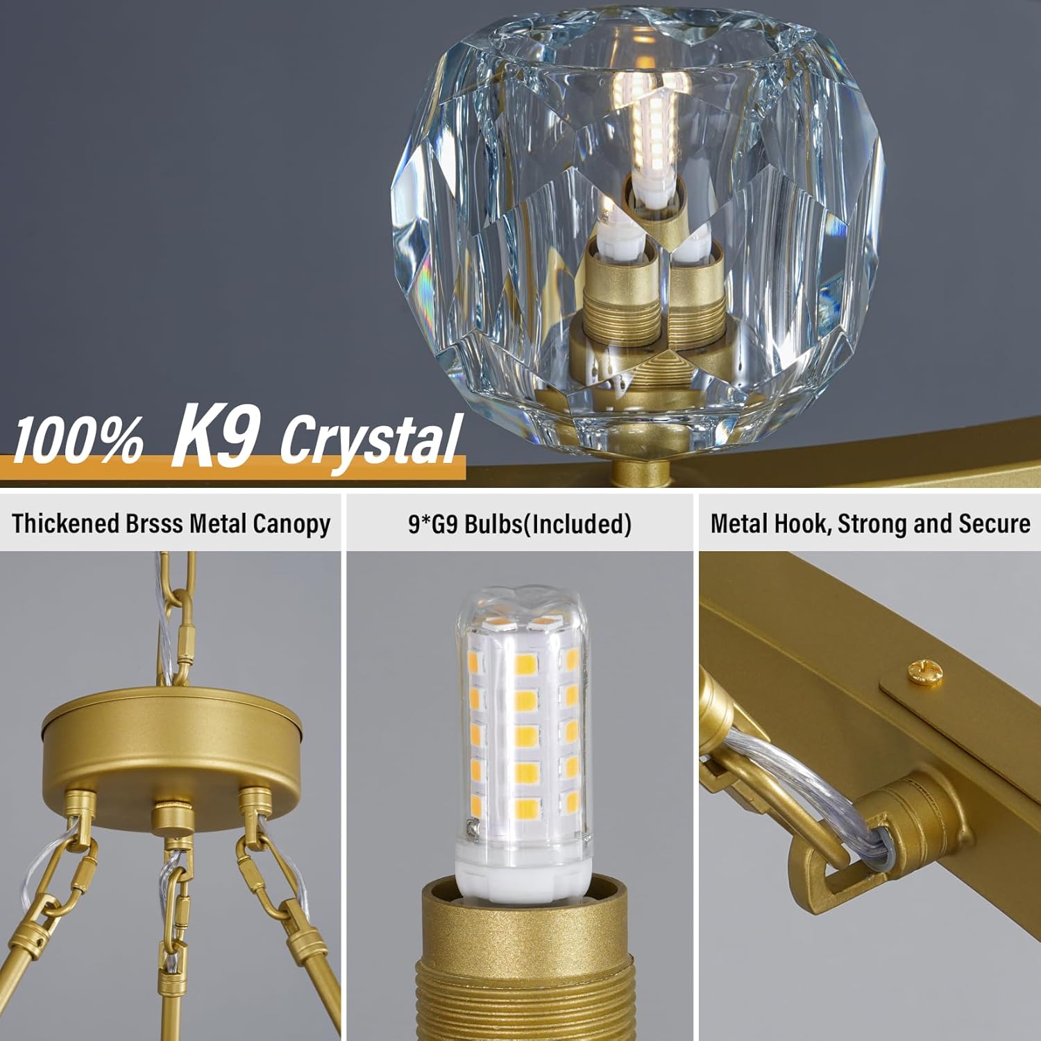 Gold Wagon Wheel Chandelier – 36" 9-Light Crystal Fixture for Modern Homes