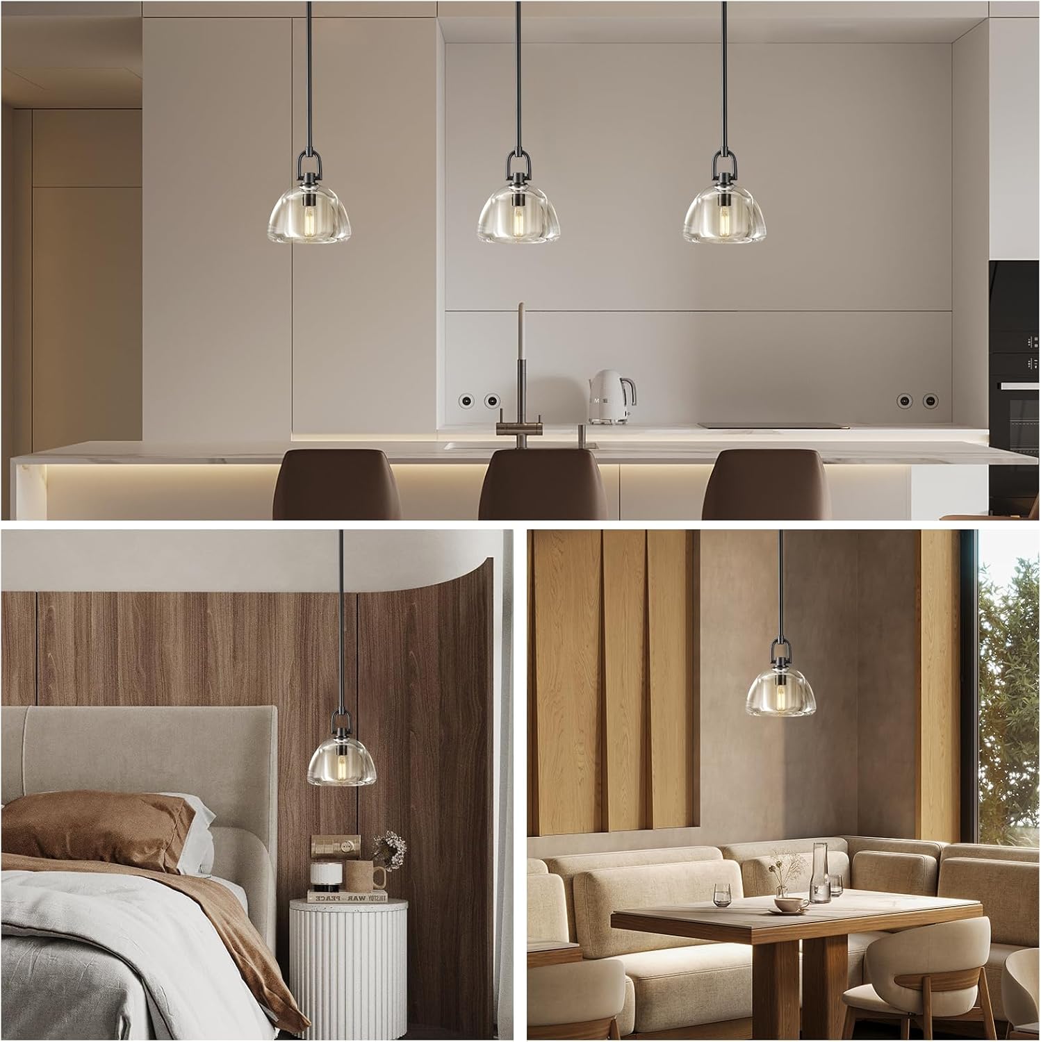 7" Black Glass Modern Pendant Light with Adjustable Height and Included E12 Bulb