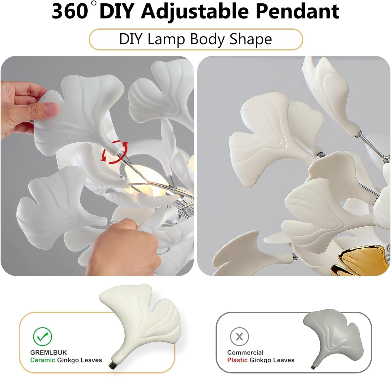 Silver Ceramic Ginkgo Leaf Branch Chandelier – 47.2" Brass Rectangle