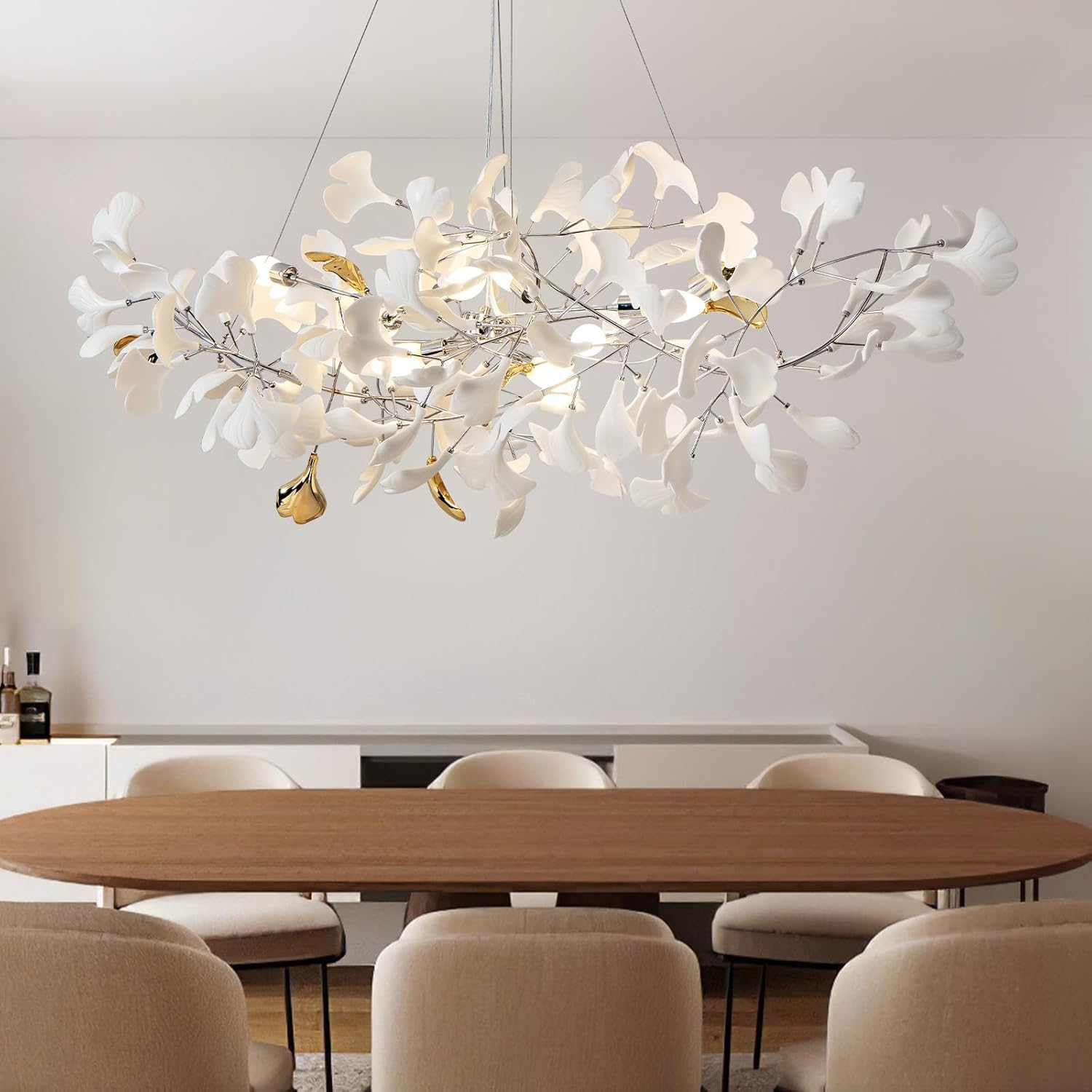 Silver Ginkgo Leaf Branch Chandelier – 59" Modern Brass Light