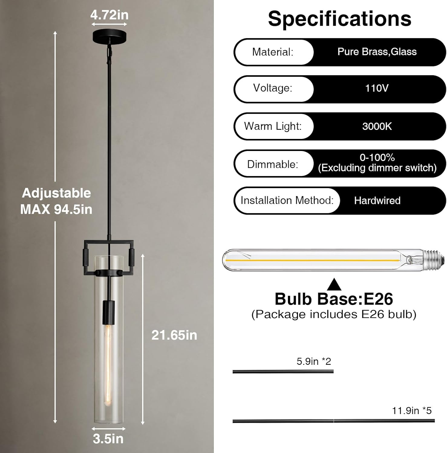 Modern Large Black Pendant Light Fixture Set of 2-21.6 Inch Adjustable Hanging Chandelier with Glass Shade & Brass Finish, Farmhouse Island Lighting for Kitchen, Dining Room, Bathroom