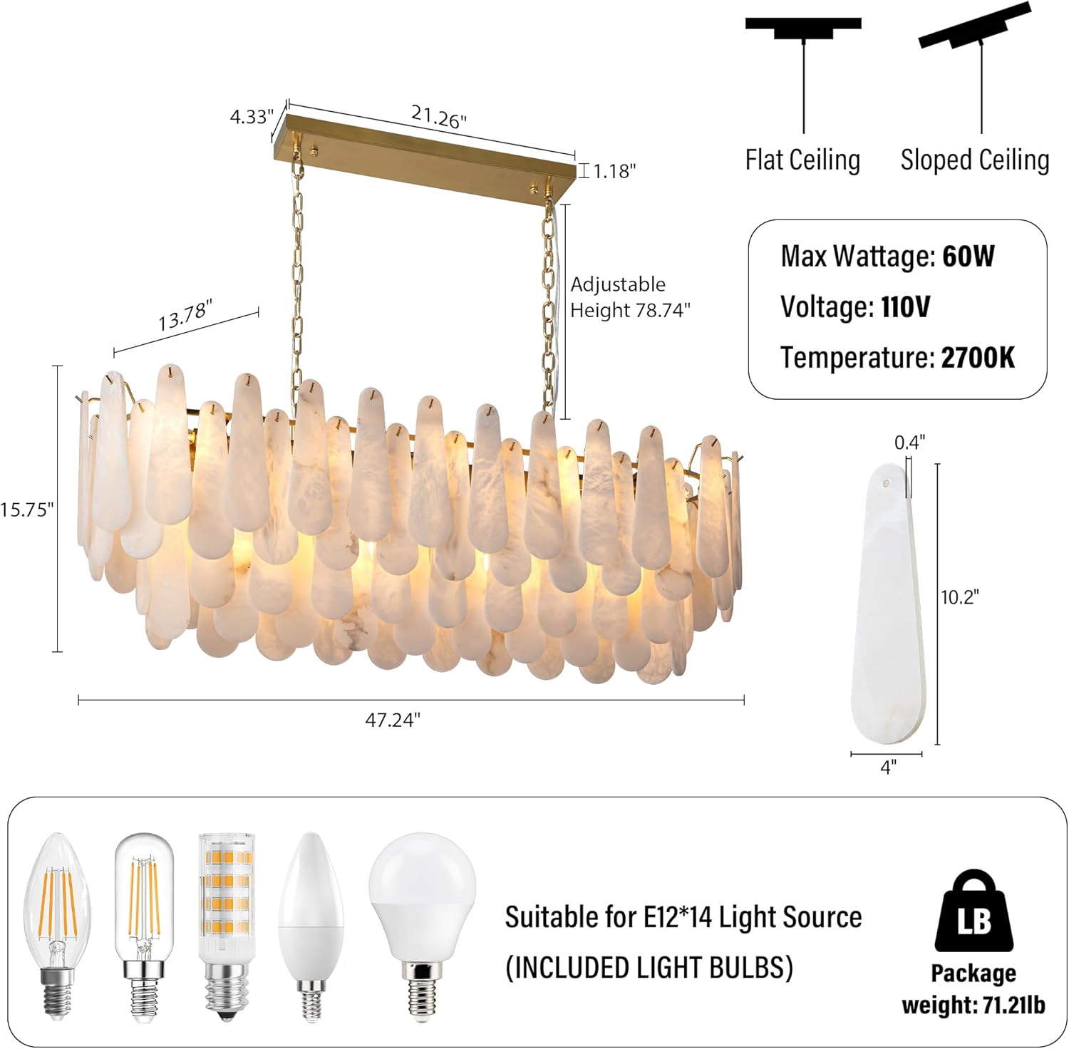 Luxury Modern Alabaster Brass Rectangle Chandelier with Adjustable Height
