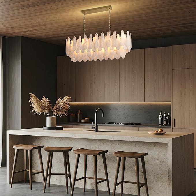 Luxury Modern Alabaster Brass Rectangle Chandelier with Adjustable Height