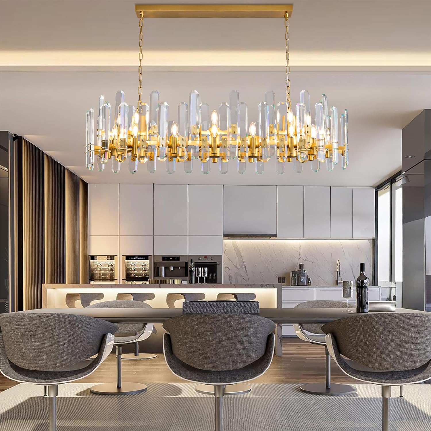 Luxury 54" Gold Crystal Chandelier – 24 Light Rectangular Fixture for Dining & Living Rooms