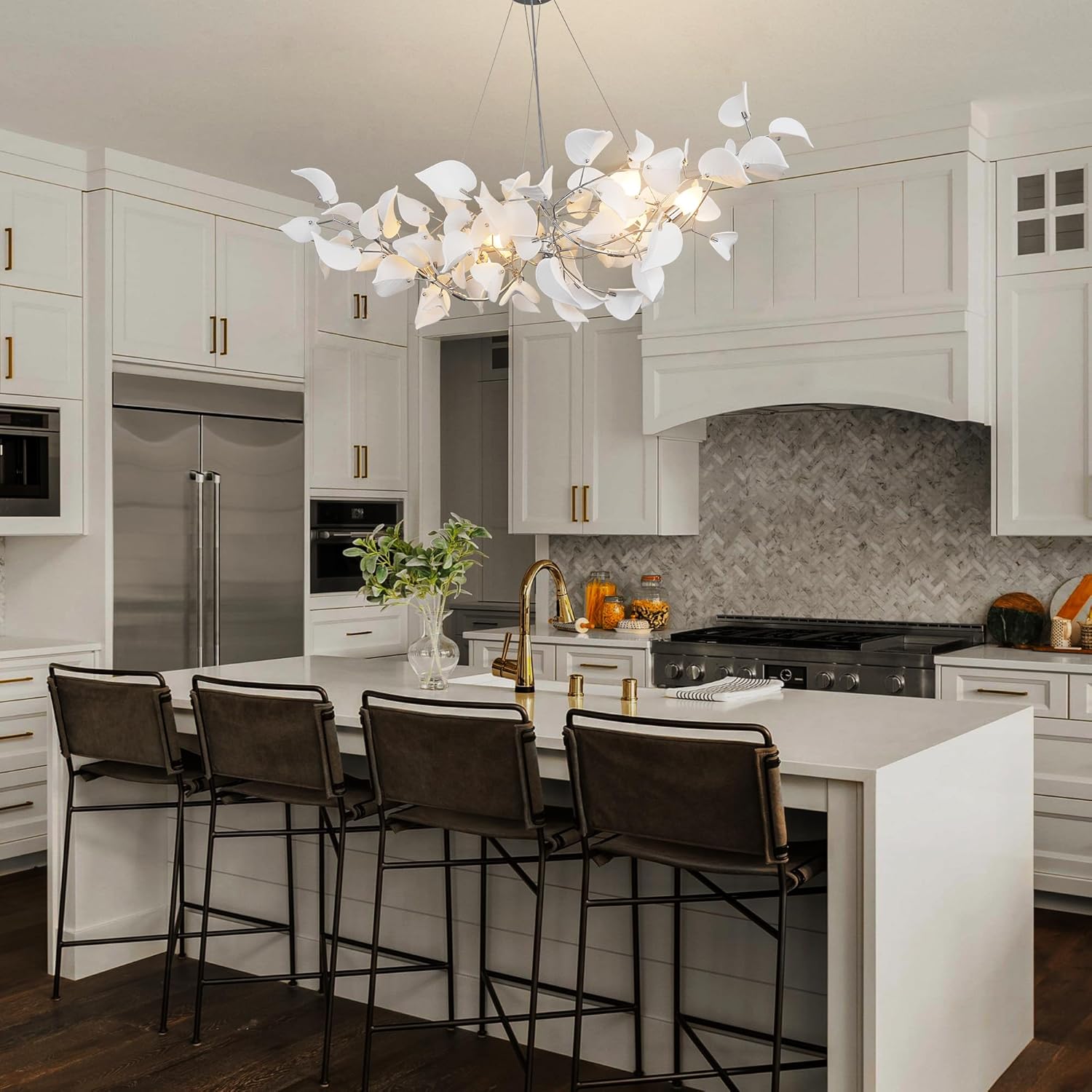 Gold Ceramic Leaf Chandelier with 6 Adjustable Lights, 31.5" Diameter