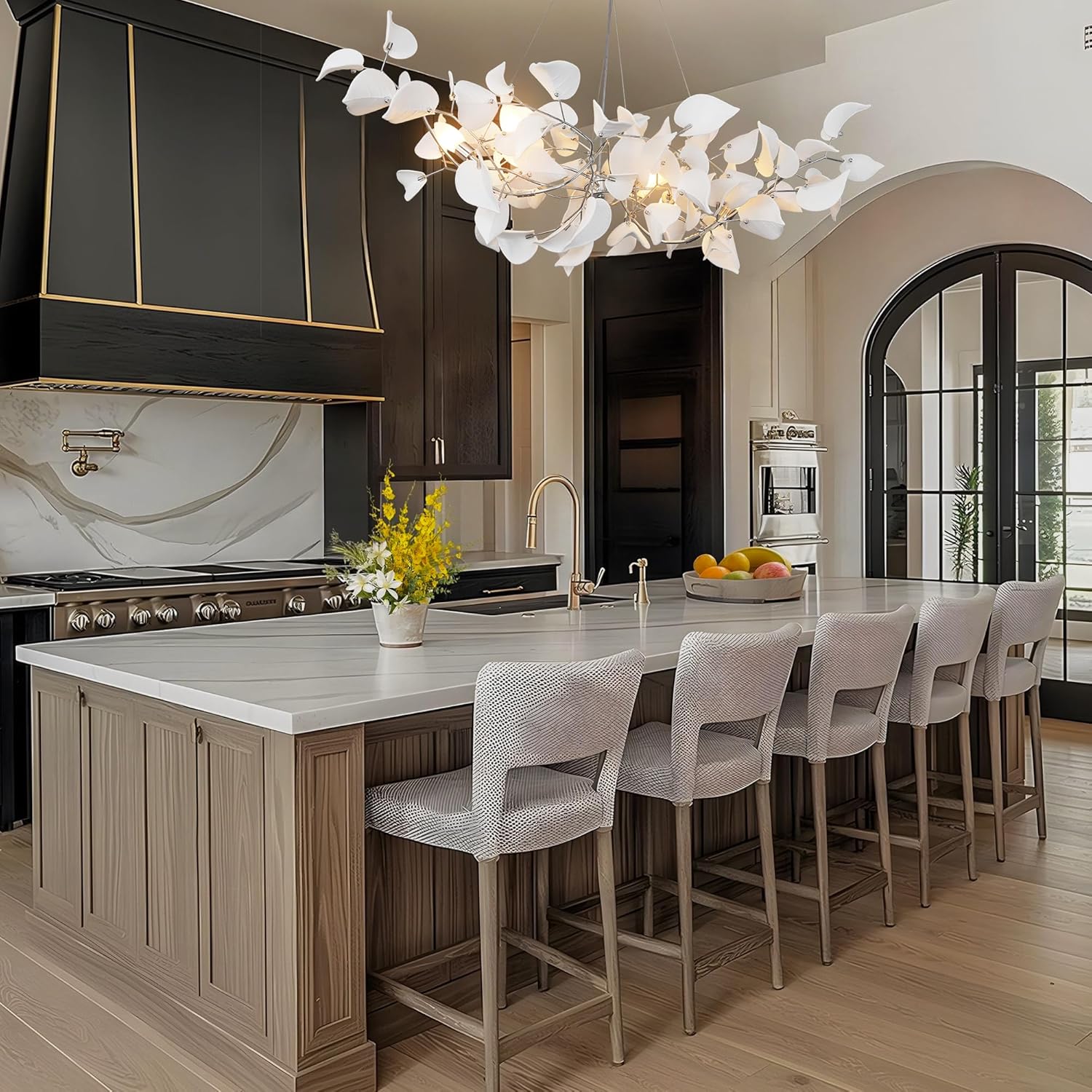 Gold Ceramic Leaf Chandelier with 6 Adjustable Lights, 31.5" Diameter