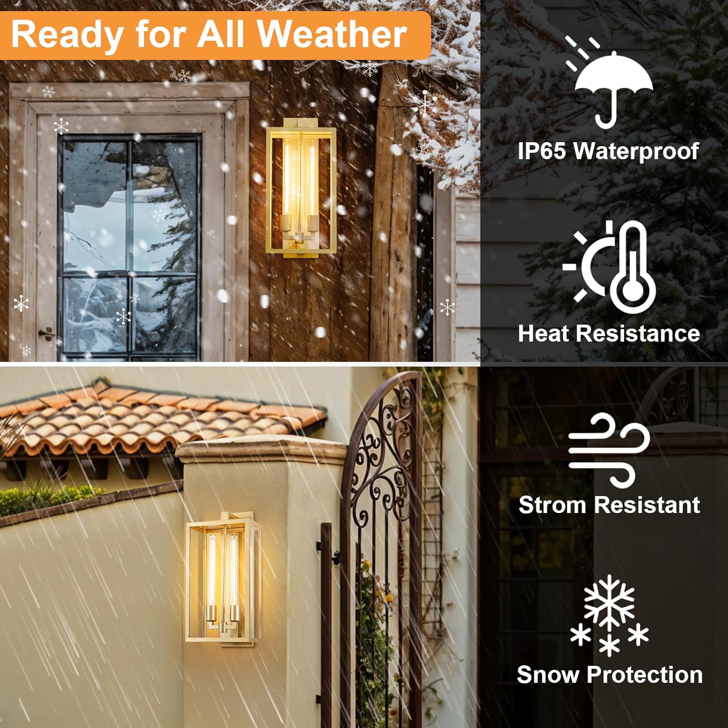 21" Gold Outdoor Wall Sconce with Glass Shade, Waterproof