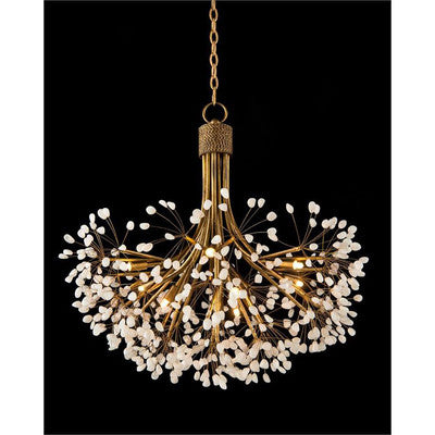 Stone Quartz Nine-Light Chandelier, Gold Leaf Finish with Natural Crystals, G9 Bulbs - Merlin Lamps