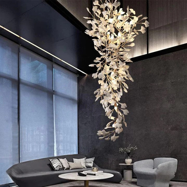 Artistic Tree Branch Pendant Light with Ceramic Ginkgo Leaves for High Ceilings in Hotel or Home