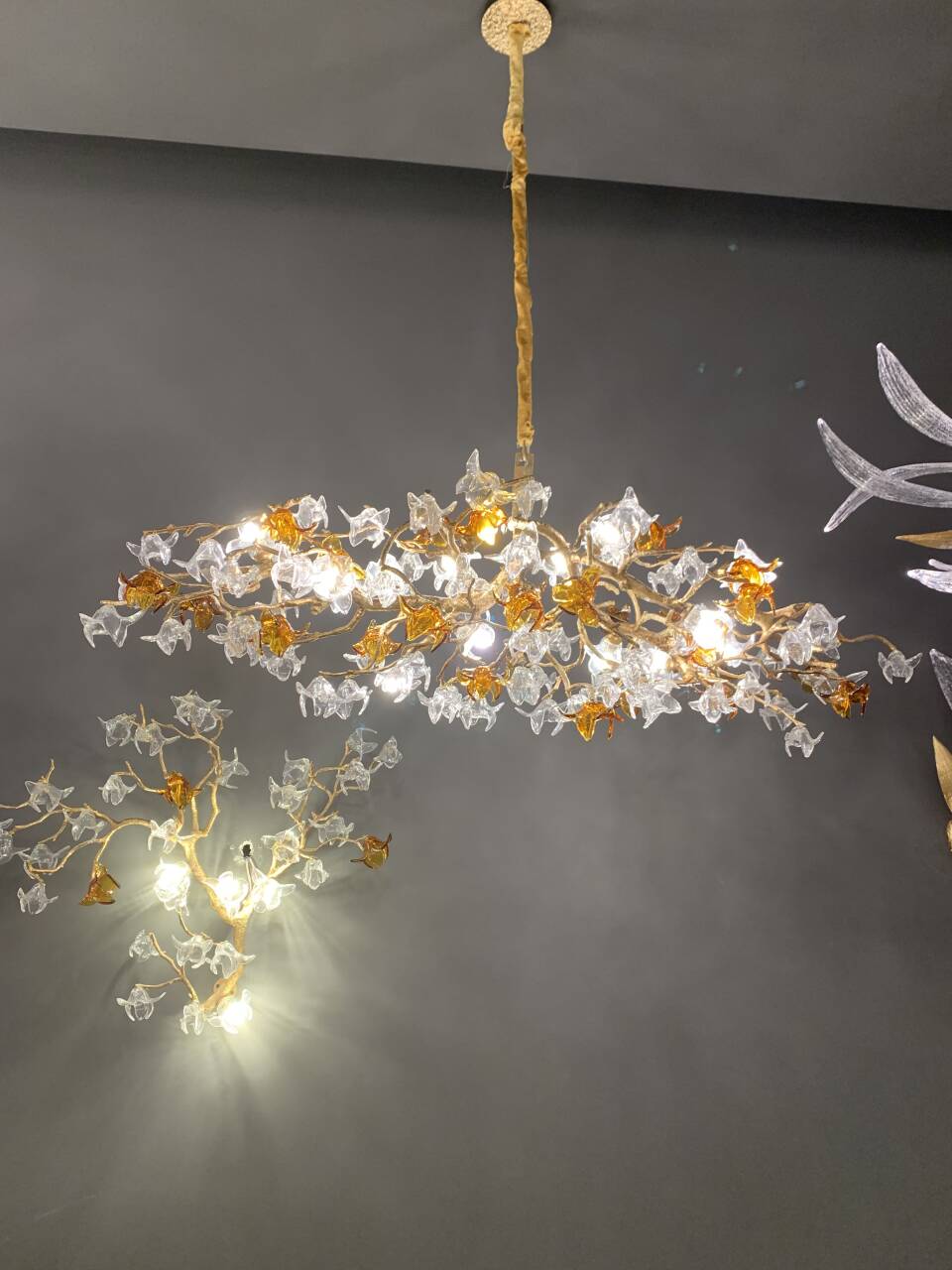 Designer Favorite Brass Branch Chandelier with Artistic Flower Glass for Dining Room Living Room and Kitchen Island
