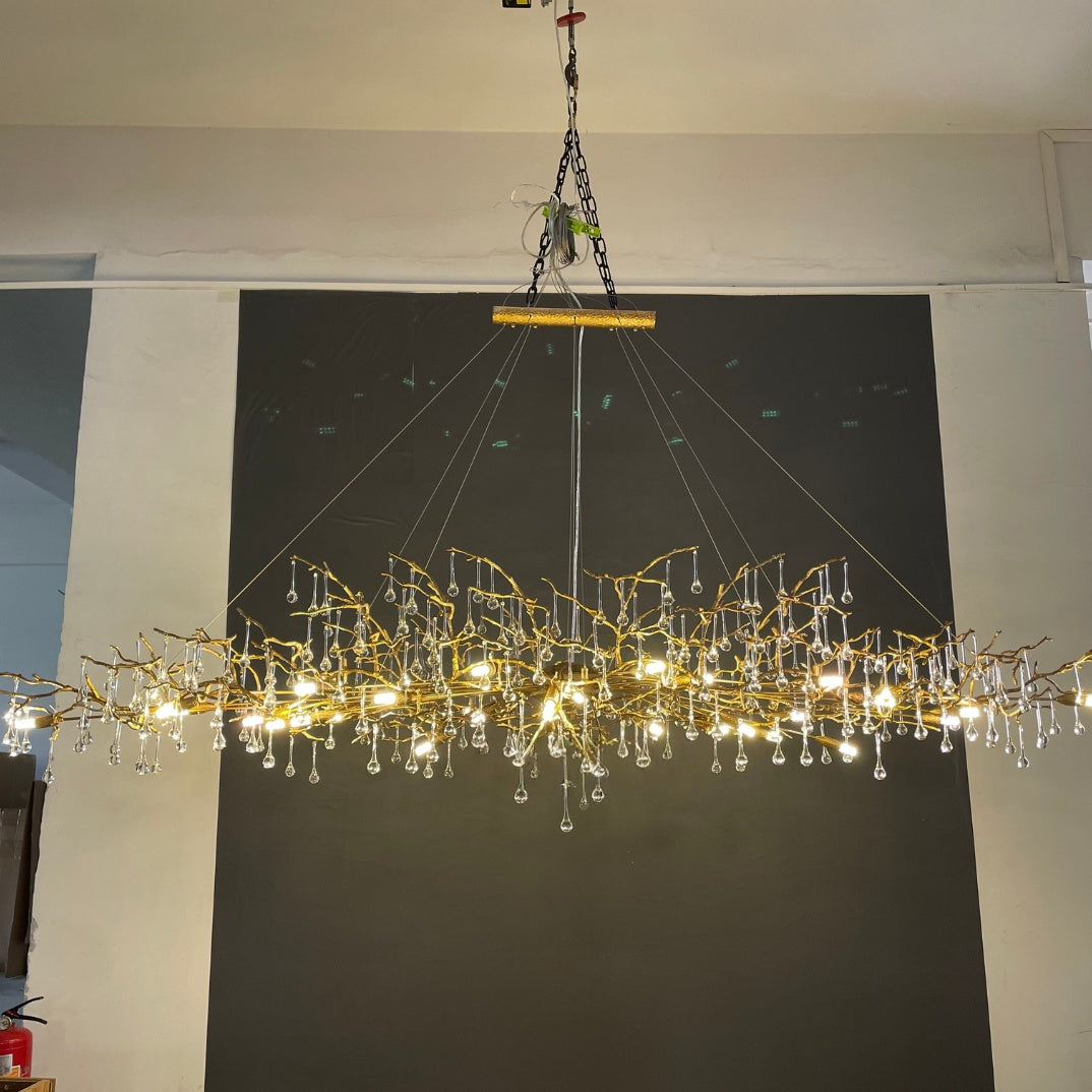 New Style Extra Large Brass Branch Chandelier Light Crystal Drops Pendant Lamp For Living/ Dining Room