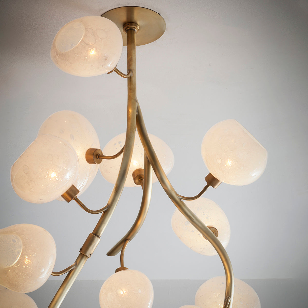Modern Chandelier with Irregular Glass Lampshades and Brass Branches