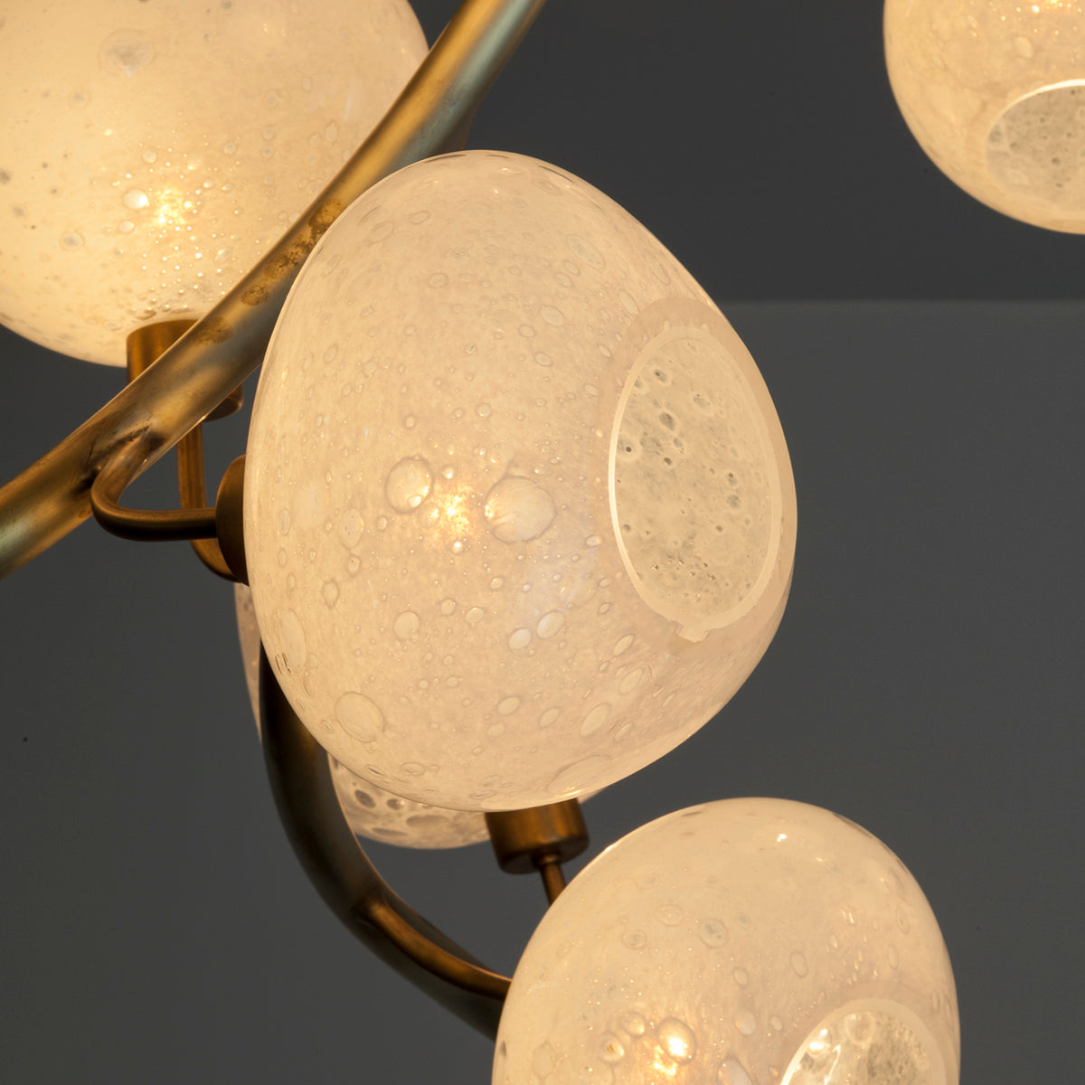 Modern Chandelier with Irregular Glass Lampshades and Brass Branches