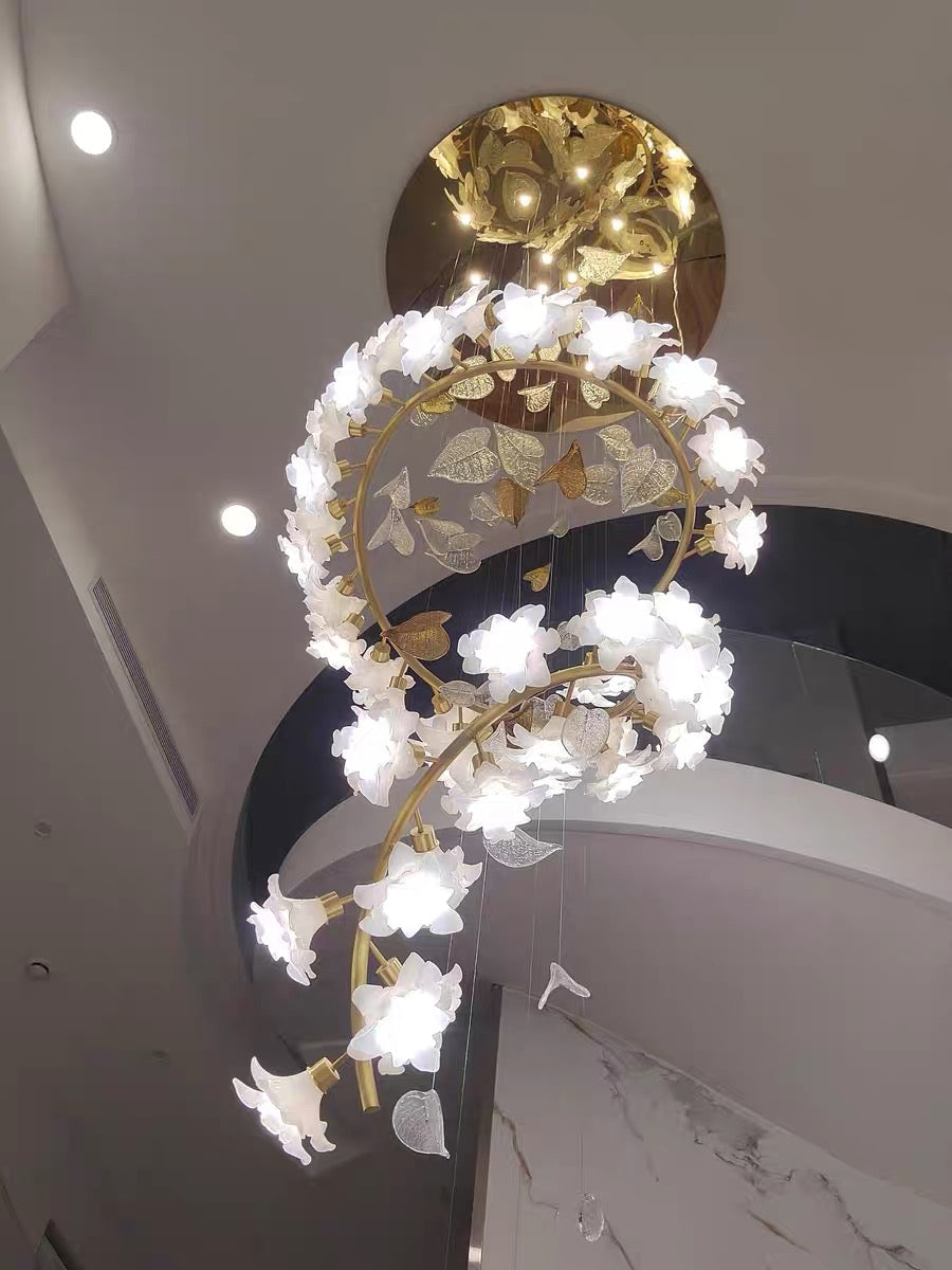 Ceramic Flower Chandelier in Artistic Brass Branch Design