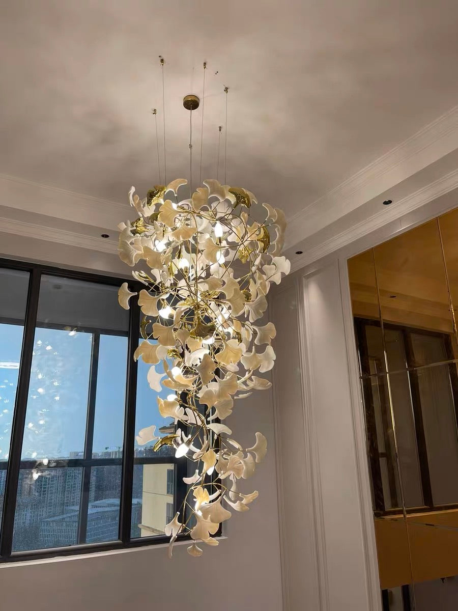 Artistic Tree Branch Pendant Light with Ceramic Ginkgo Leaves for High Ceilings in Hotel or Home