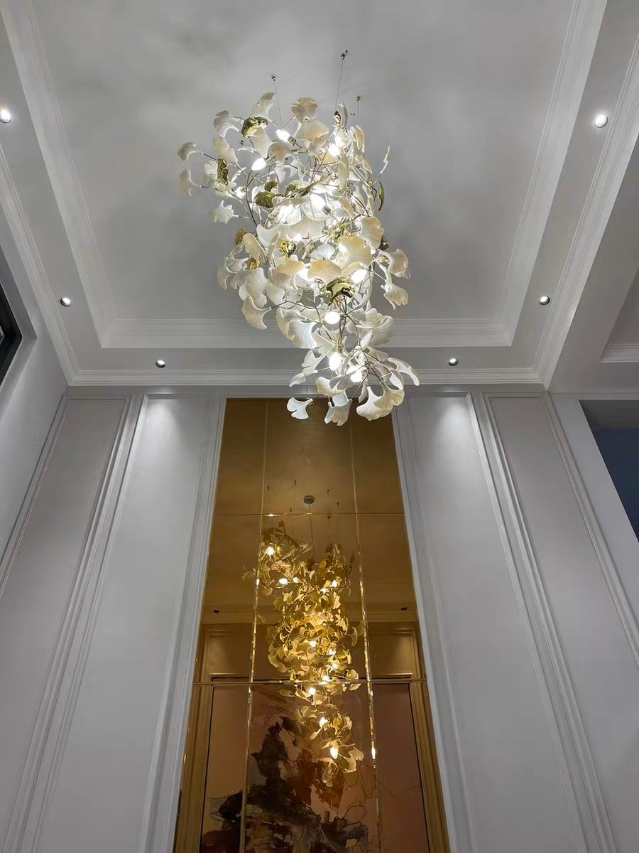 Artistic Tree Branch Pendant Light with Ceramic Ginkgo Leaves for High Ceilings in Hotel or Home