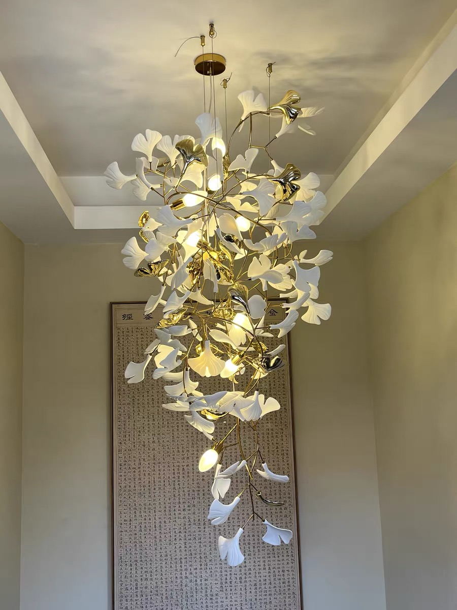 Artistic Tree Branch Pendant Light with Ceramic Ginkgo Leaves for High Ceilings in Hotel or Home