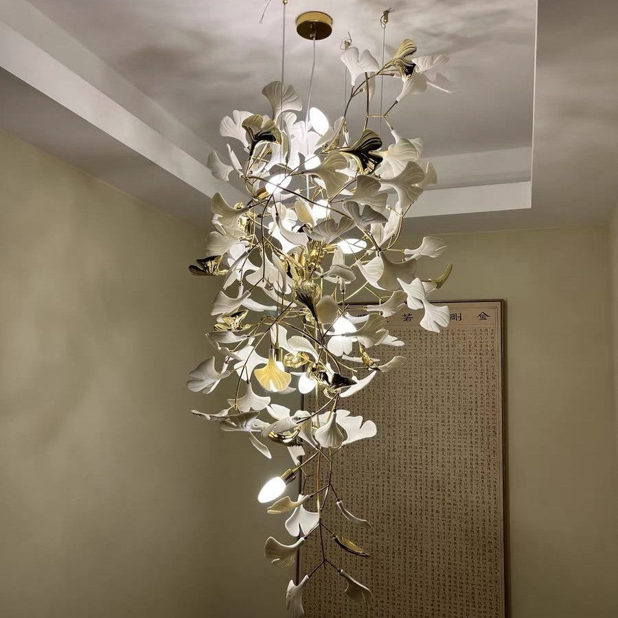 Artistic Tree Branch Pendant Light with Ceramic Ginkgo Leaves for High Ceilings in Hotel or Home