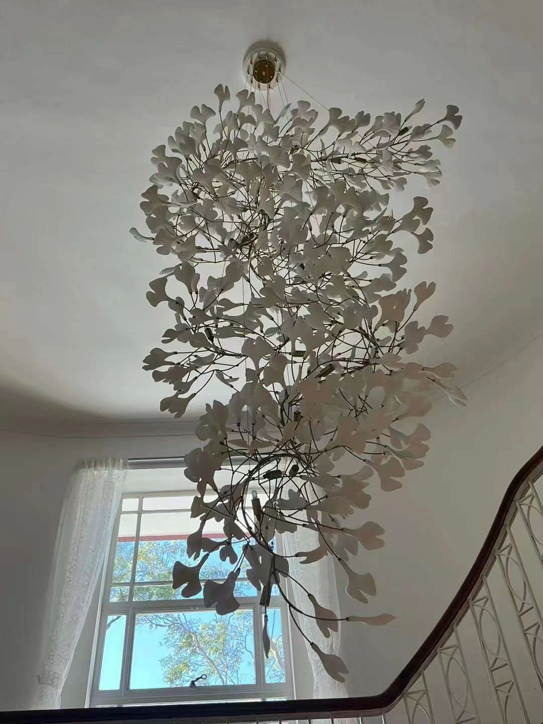 Artistic Tree Branch Pendant Light with Ceramic Ginkgo Leaves for High Ceilings in Hotel or Home