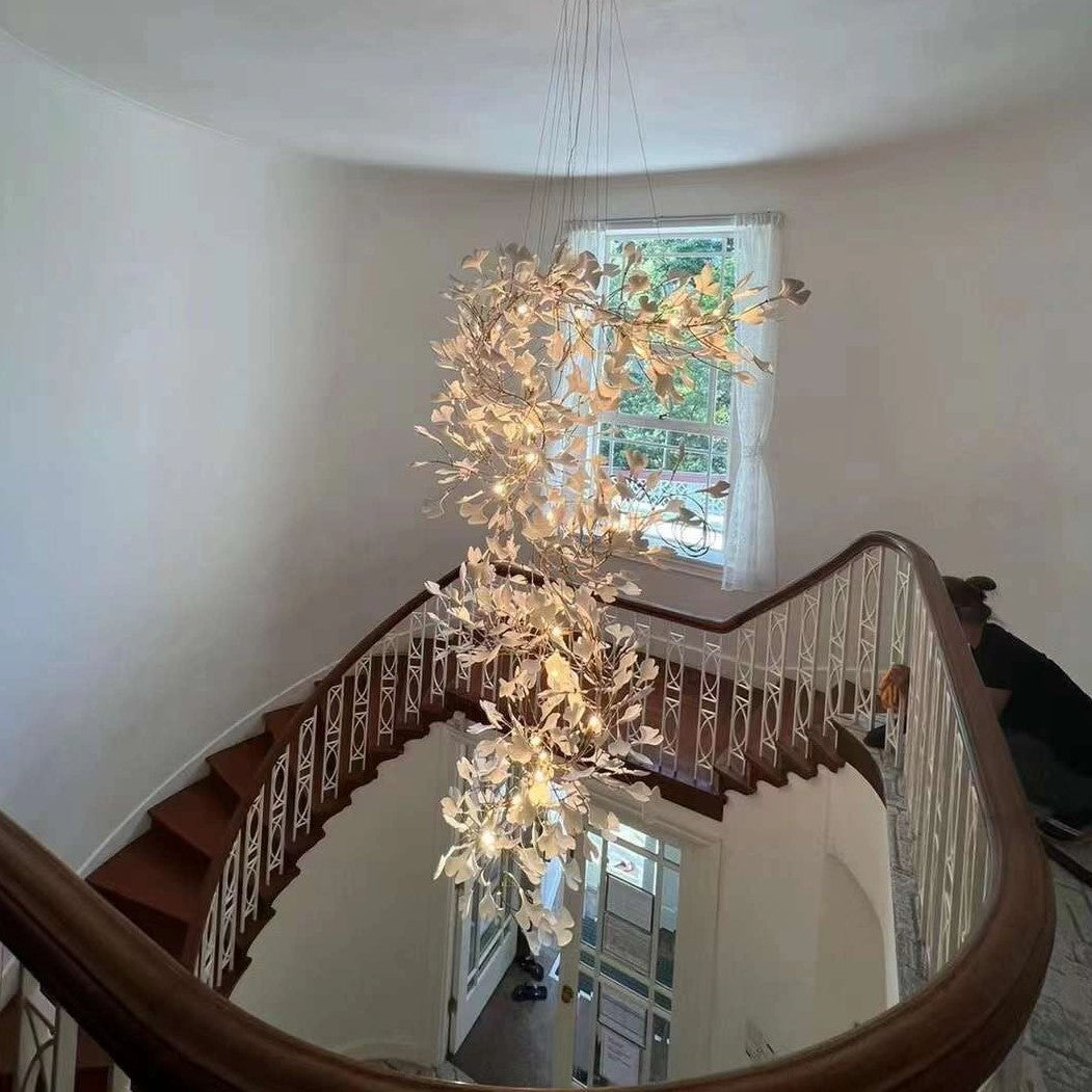 Artistic Tree Branch Pendant Light with Ceramic Ginkgo Leaves for High Ceilings in Hotel or Home