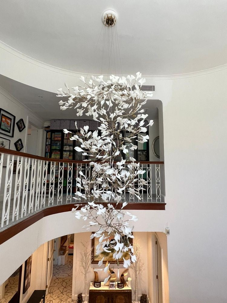 Artistic Tree Branch Pendant Light with Ceramic Ginkgo Leaves for High Ceilings in Hotel or Home