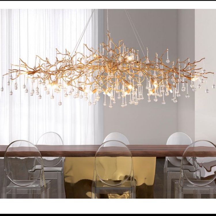 JC Arcadia Clear Teardrop Oval Dining Branch Chandelier, Brass Branch Chandelier