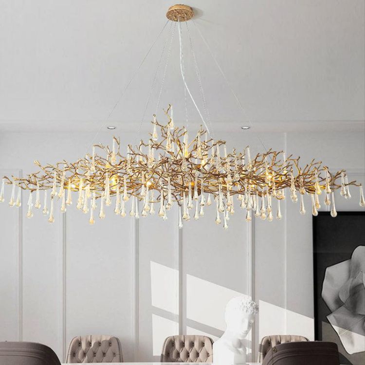 JC Arcadia Clear Teardrop Oval Dining Branch Chandelier, Brass Branch Chandelier