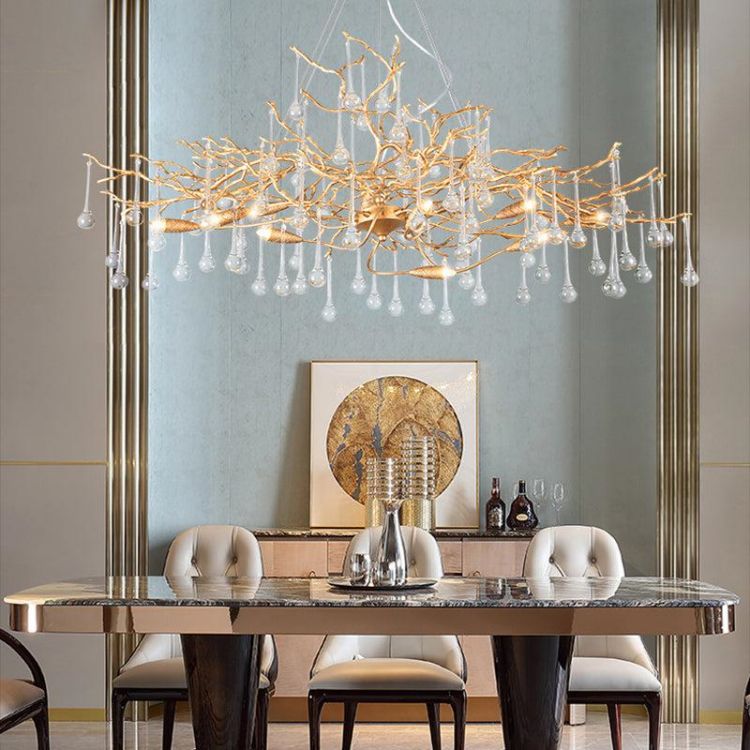 JC Arcadia Clear Teardrop Oval Dining Branch Chandelier, Brass Branch Chandelier