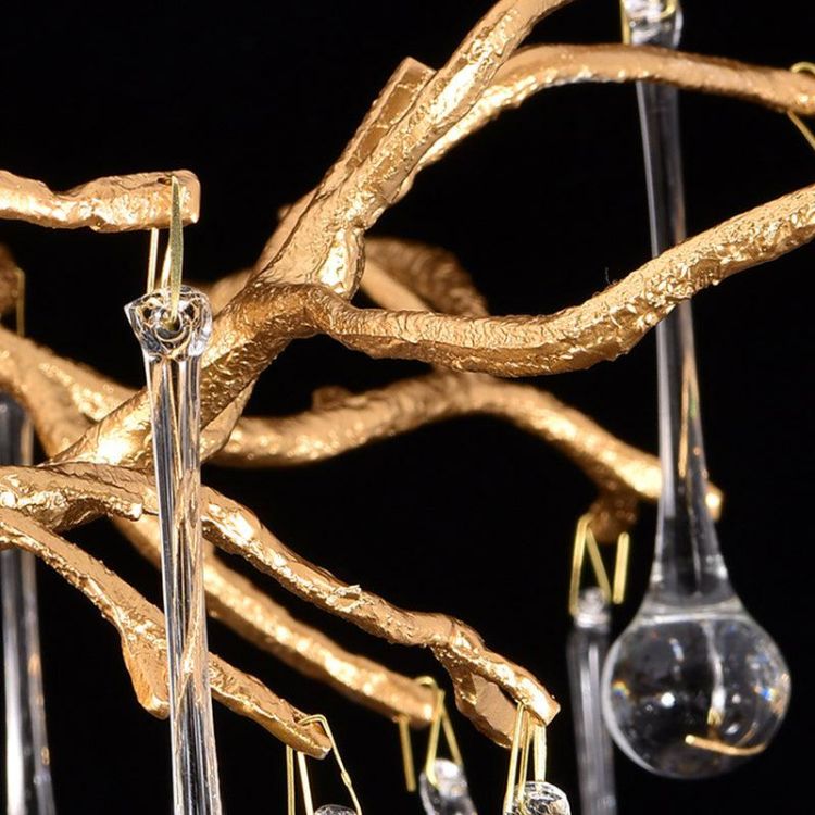 JC Arcadia Clear Teardrop Oval Dining Branch Chandelier, Brass Branch Chandelier