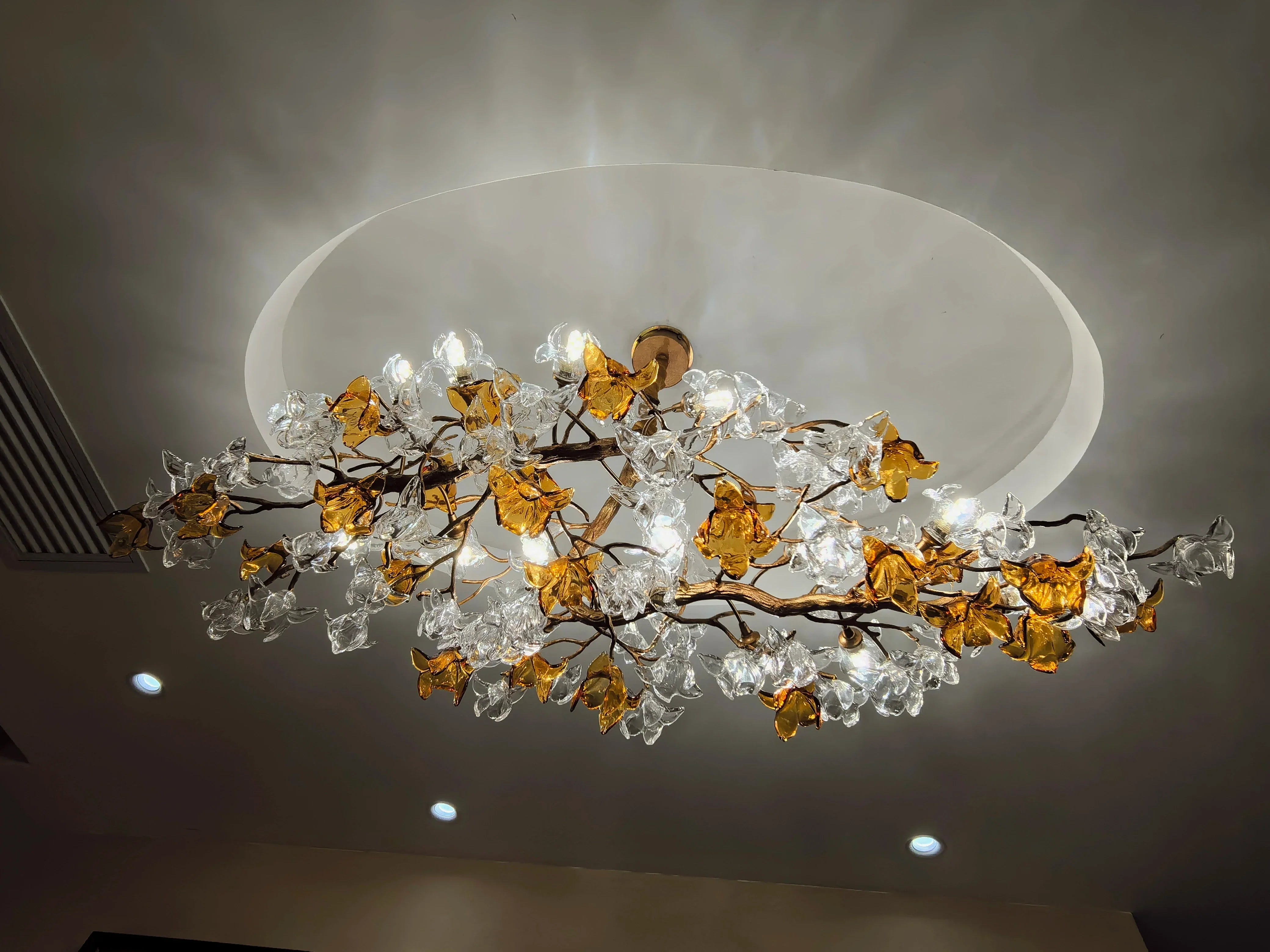 Designer Favorite Brass Branch Chandelier with Artistic Flower Glass for Dining Room Living Room and Kitchen Island