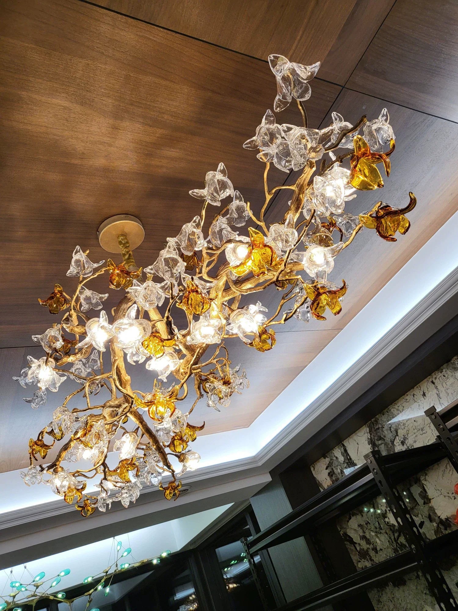 Designer Favorite Brass Branch Chandelier with Artistic Flower Glass for Dining Room Living Room and Kitchen Island